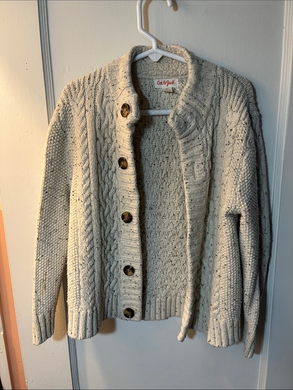 Cat & Jack Cream Speckled Cable Knit Button-Up Cardigan